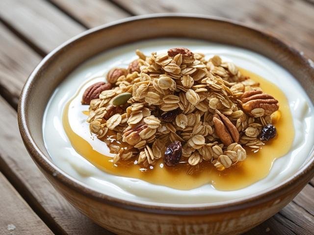 Joghurt mit hausgemachtem Granola und Honig