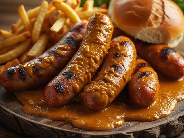 Nemecké currywurst s chlebom alebo hranolkami