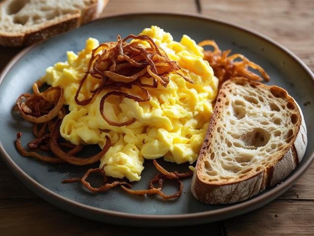 Rührei mit Zwiebeln und Brot
