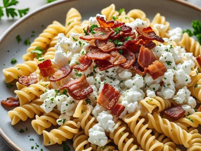 Nudeln mit Hüttenkäse und gebratenem Speck